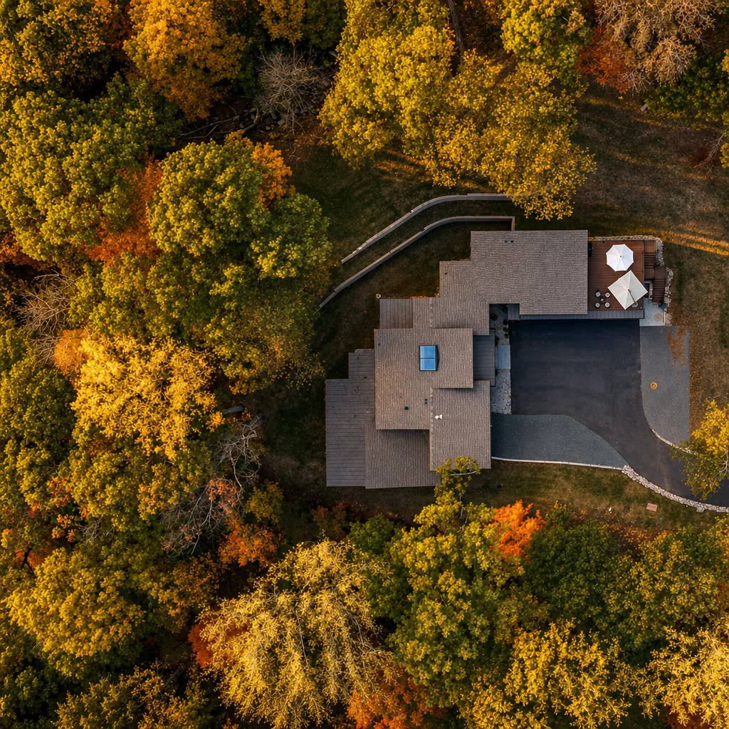 Aerial view of the estate surrounded by autumn woodland