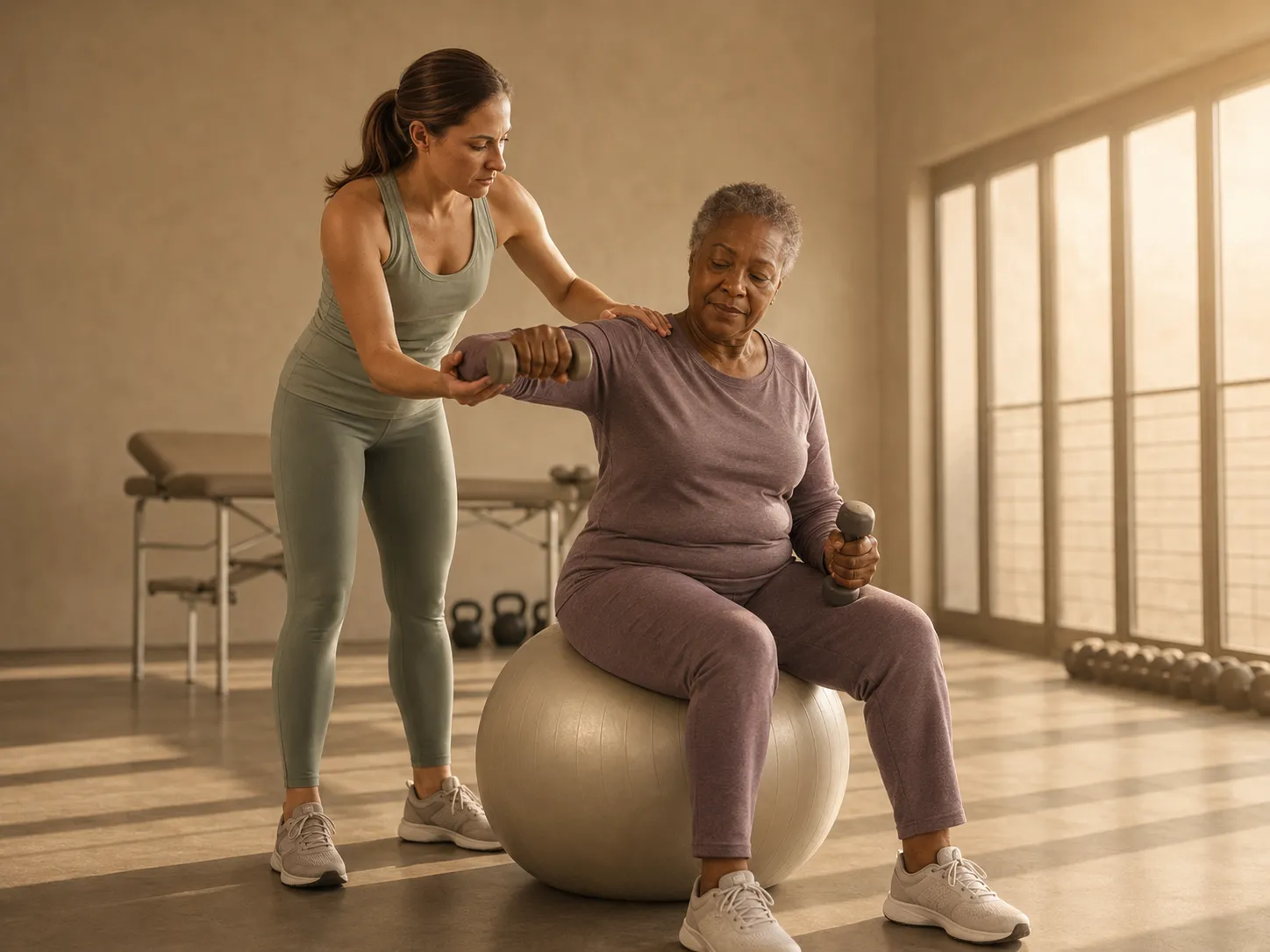 Personal trainer guiding a resident through a dumbbell exercise