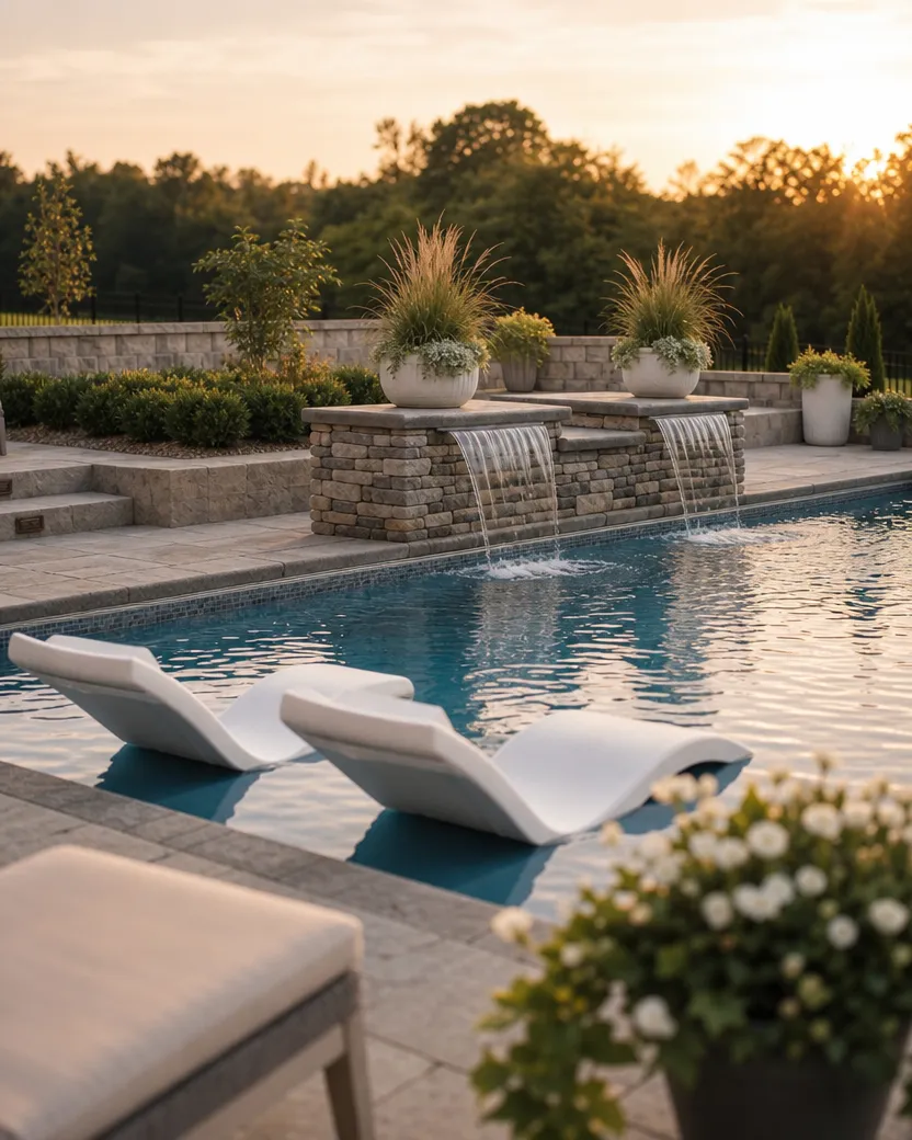 Pool with stone waterfalls and in-water loungers at sunset