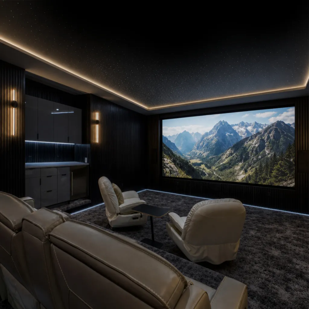 Private cinema with a starlit ceiling, leather recliners and a large screen