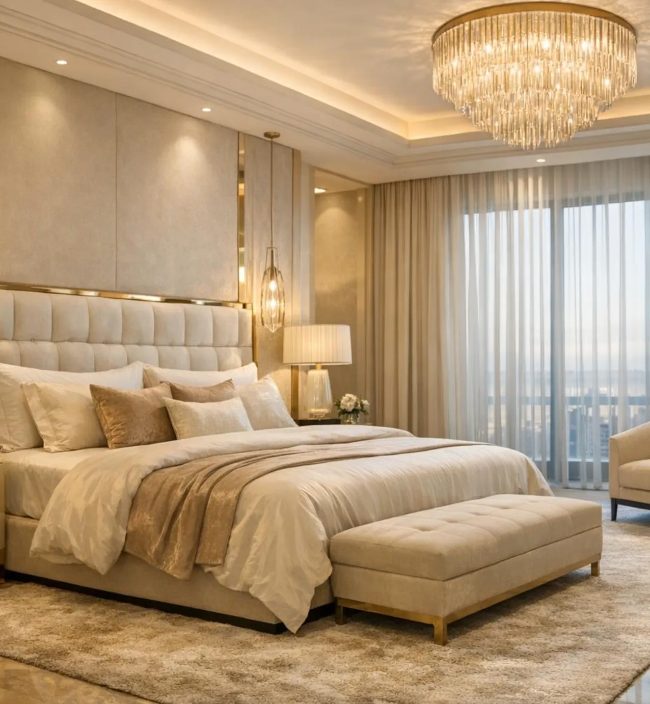 Suite bedroom with a tufted headboard, crystal chandelier and floor-to-ceiling windows